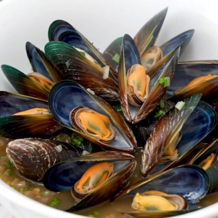 A top-down view of fresh raw mussels, sliced shallots, and herbs arranged in a slow cooker insert before cooking.