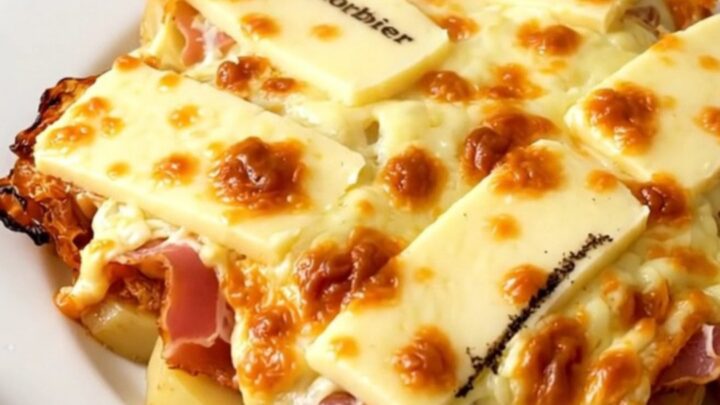 A top-down view of a slow cooker filled with layers of potatoes, bacon, and slices of Morbier cheese.