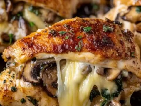 A cast-iron skillet filled with golden-brown stuffed chicken breasts, showing melted cheese and mushrooms.