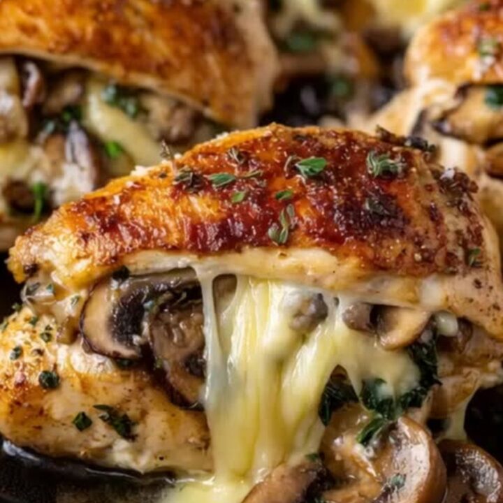 A cast-iron skillet filled with golden-brown stuffed chicken breasts, showing melted cheese and mushrooms.