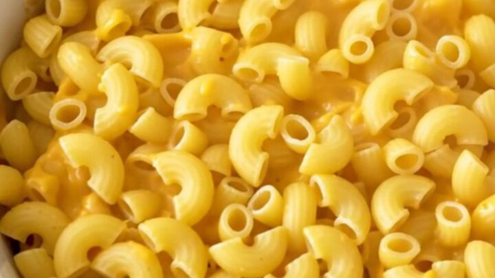 A top-down view of raw macaroni and ingredients in a slow cooker before cooking.