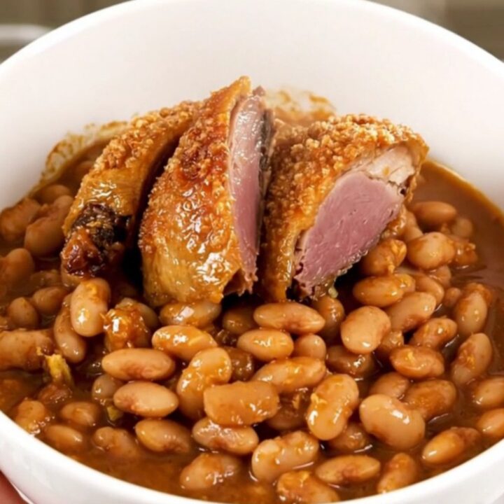 A rustic, steaming bowl of traditional cassoulet featuring golden duck confit, sausages, and tender white beans.