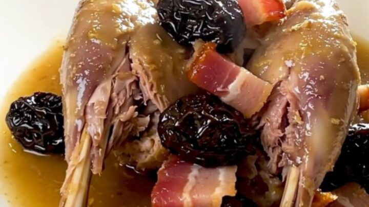 A plate of slow-cooked rabbit with prunes and bacon, showing tender meat and a glossy sauce.