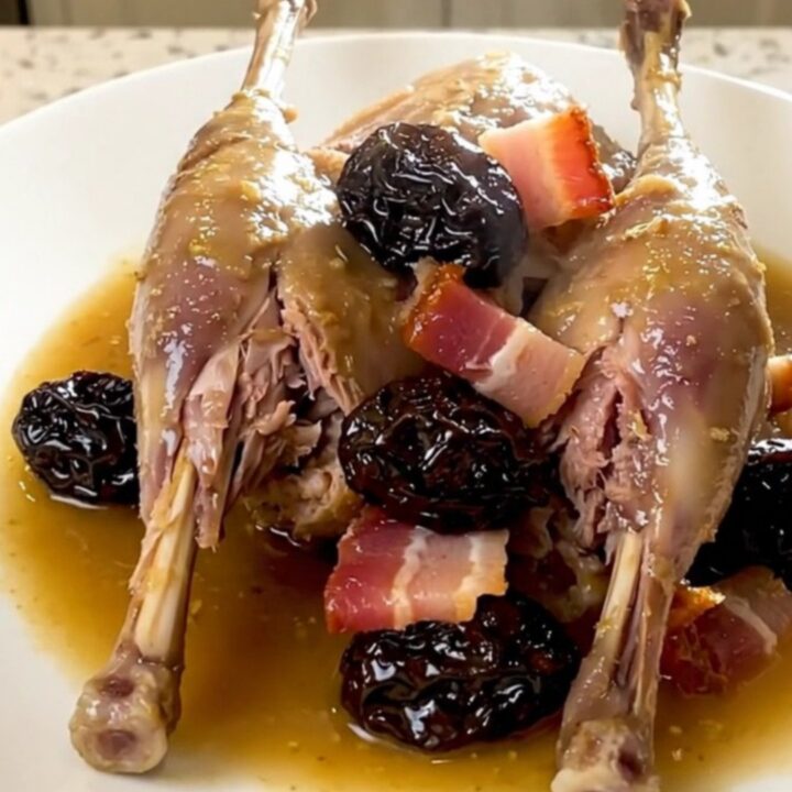 A plate of slow-cooked rabbit with prunes and bacon, showing tender meat and a glossy sauce.