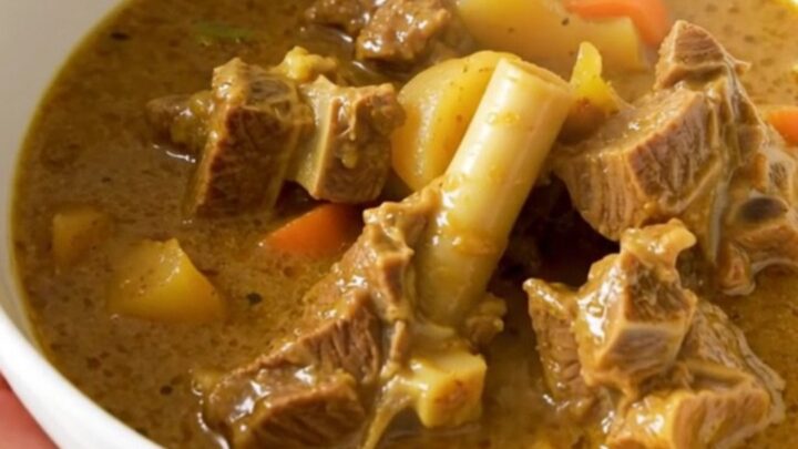 A bowl of creamy mild lamb curry with carrots and onions served in a white bowl against a blurred kitchen background.