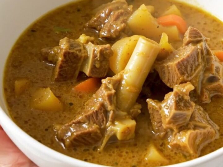 A bowl of creamy mild lamb curry with carrots and onions served in a white bowl against a blurred kitchen background.