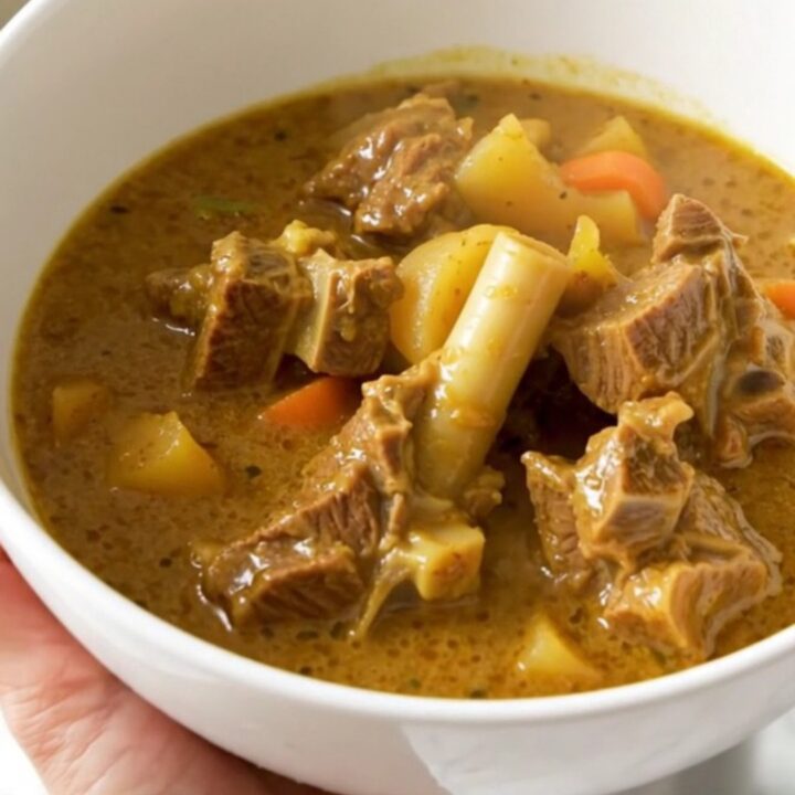 A bowl of creamy mild lamb curry with carrots and onions served in a white bowl against a blurred kitchen background.