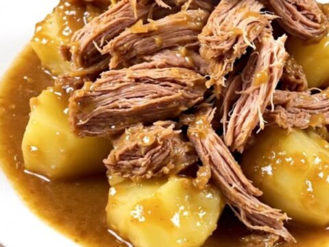 A rustic slow cooker pork roast served with melting potatoes on a white plate.