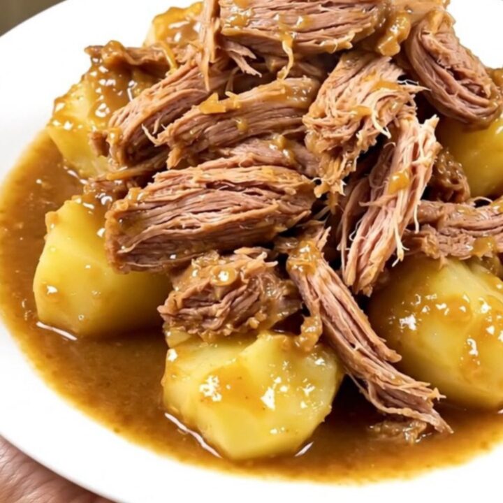 A rustic slow cooker pork roast served with melting potatoes on a white plate.