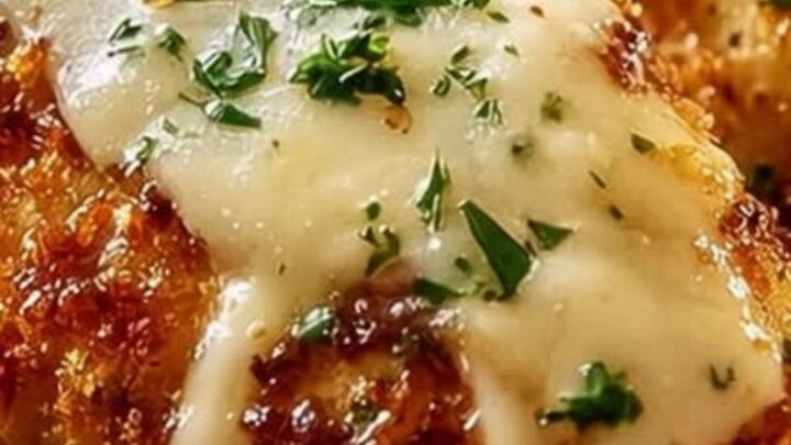 Crispy golden parmesan crusted chicken breast topped with melted, bubbling mozzarella and fresh parsley.