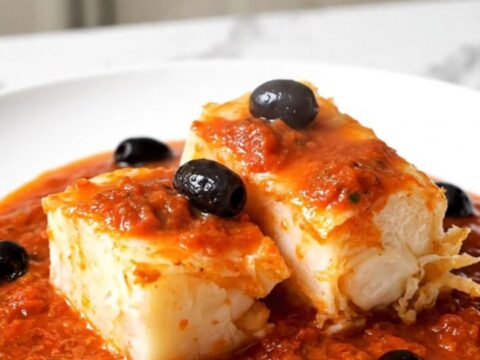 Filets de cabillaud cuits dans une sauce tomate onctueuse avec des olives noires et des herbes.