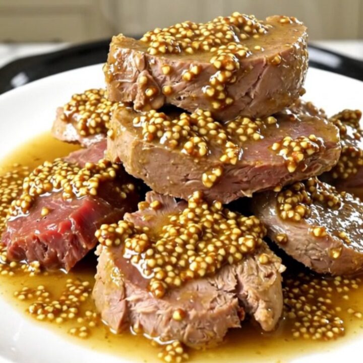A steaming plate of tender veal tendrons coated in a rich, creamy wholegrain mustard sauce with soft carrots and onions.