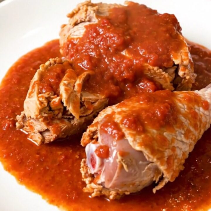 Close-up of slow cooker turkey osso buco served on a white plate with glossy tomato sauce.