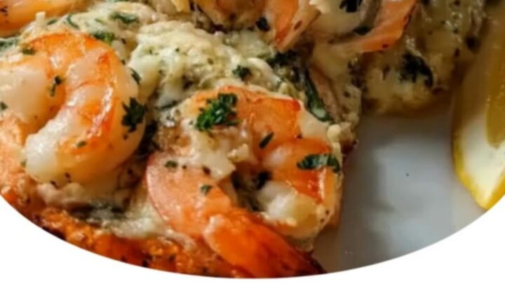 A close-up of a roasted, golden-brown stuffed salmon fillet garnished with fresh parsley.