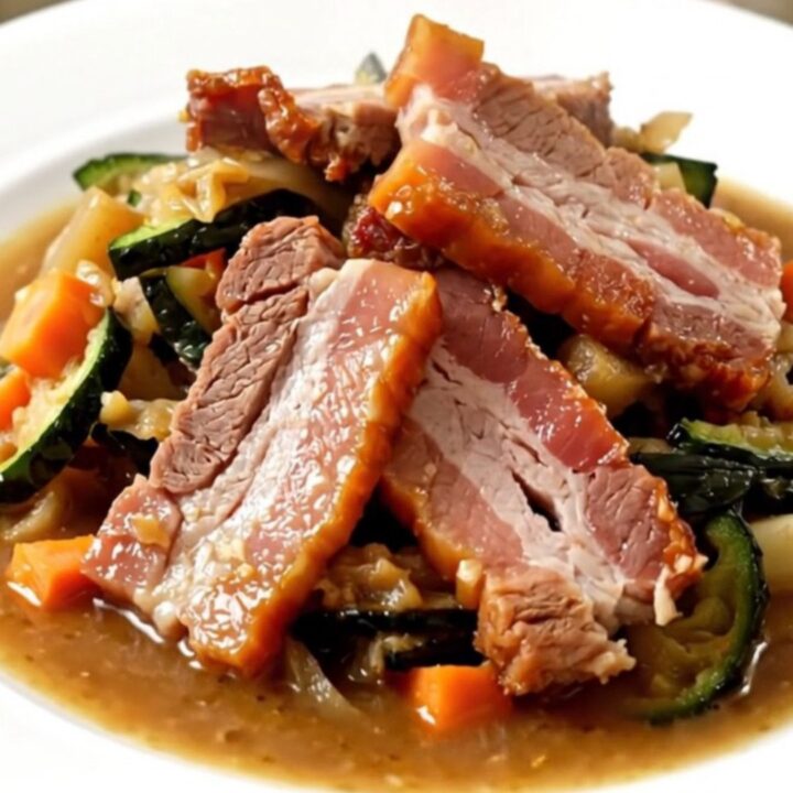 A steaming bowl of slow cooker hotpot featuring sliced sausages, smoked bacon