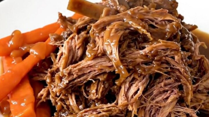 A rustic, slow-cooked lamb shoulder served in a white bowl with tender carrots and onions, garnished with herbs.