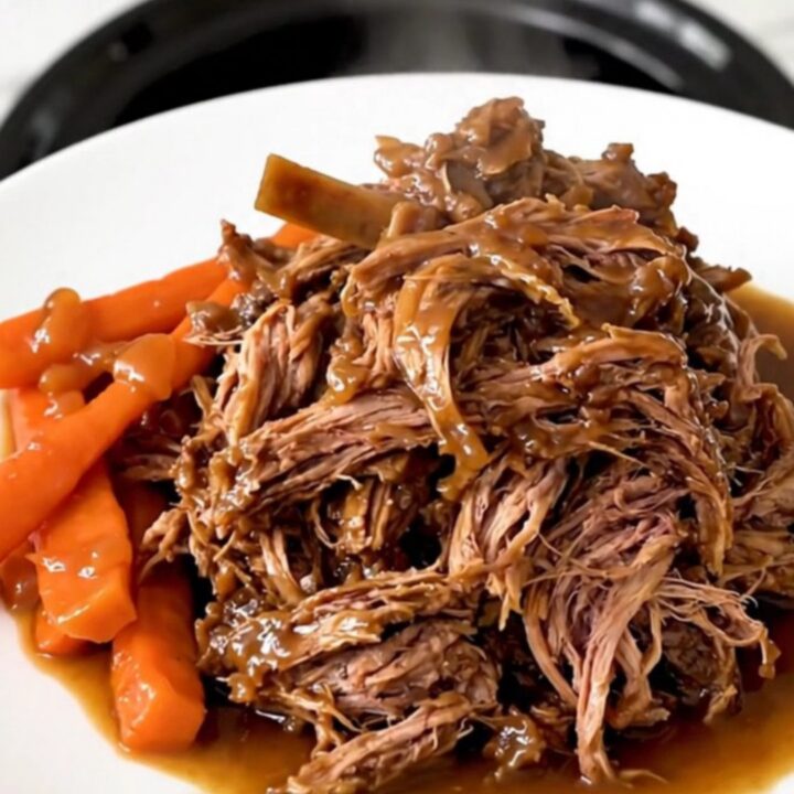 A rustic, slow-cooked lamb shoulder served in a white bowl with tender carrots and onions, garnished with herbs.