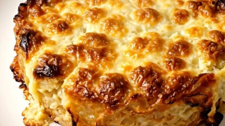 A top-down view of a creamy potato gratin inside a black slow cooker on a white speckled countertop.