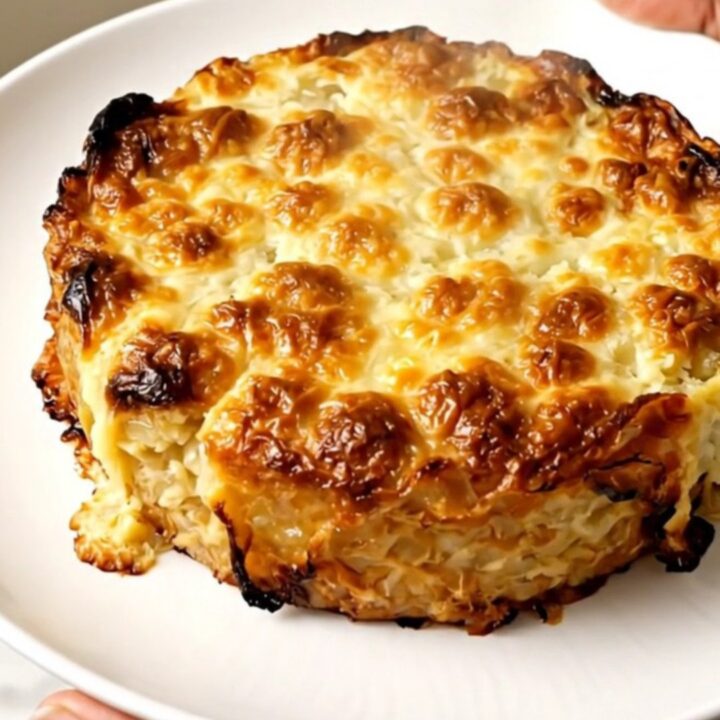 A top-down view of a creamy potato gratin inside a black slow cooker on a white speckled countertop.