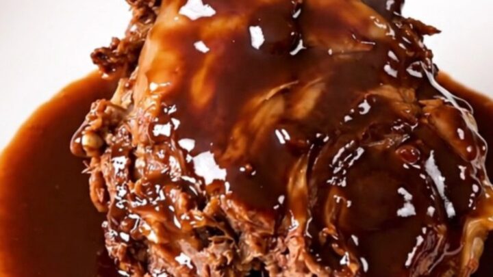 Two tender lamb shanks in a rich, dark red wine sauce with shallots on a white plate.