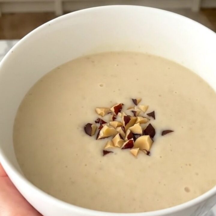 A steaming bowl of creamy, light-colored celeriac and chestnut soup garnished with chestnut pieces.
