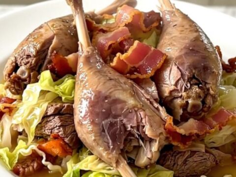 A top-down view of a black slow cooker filled with guinea fowl, shredded cabbage, and bacon lardons.