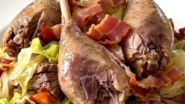 A top-down view of a black slow cooker filled with guinea fowl, shredded cabbage, and bacon lardons.