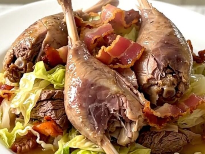 A top-down view of a black slow cooker filled with guinea fowl, shredded cabbage, and bacon lardons.