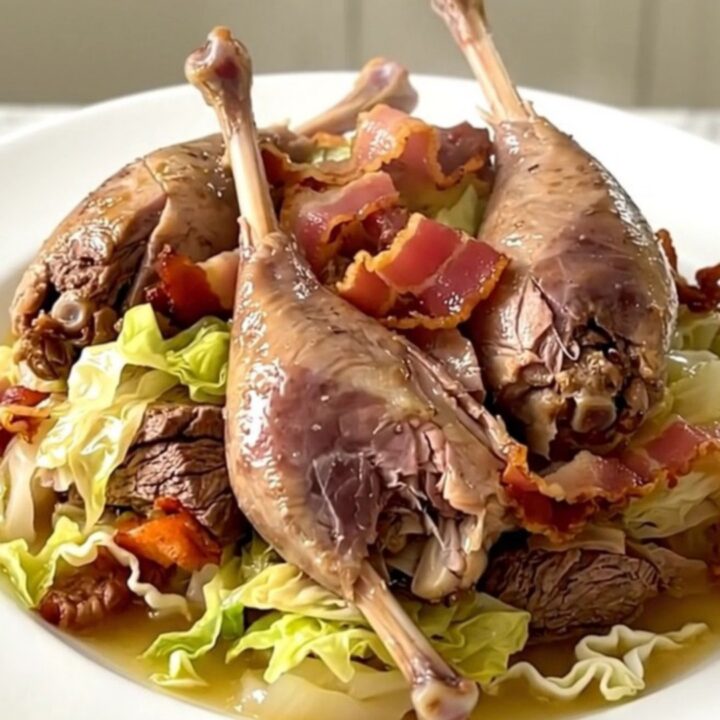 A top-down view of a black slow cooker filled with guinea fowl, shredded cabbage, and bacon lardons.