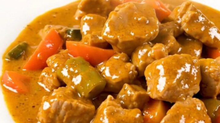 A steaming bowl of slow-cooked coconut pork curry with chunks of tender pork and carrots in a creamy sauce.