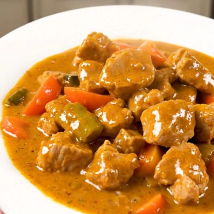 A steaming bowl of slow-cooked coconut pork curry with chunks of tender pork and carrots in a creamy sauce.