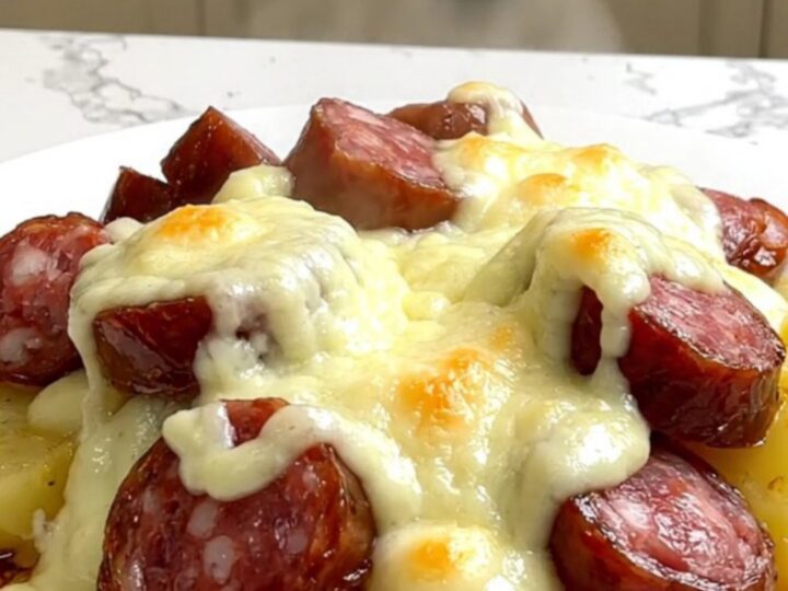 A top-down view of Montbéliard sausages and diced potatoes cooking in a black slow cooker on a speckled countertop.