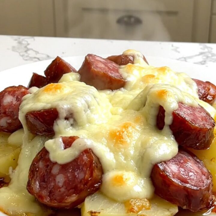 A top-down view of Montbéliard sausages and diced potatoes cooking in a black slow cooker on a speckled countertop.