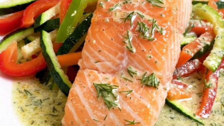 A top-down view of raw salmon fillets topped with julienned vegetables and dill in a slow cooker.