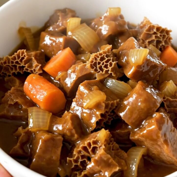 Bol de tripes à la mode de Caen fumantes avec une sauce brillante.