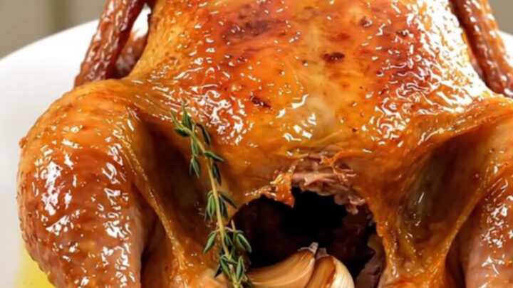 A golden-brown whole roast chicken seasoned with herbs sitting on a white plate.