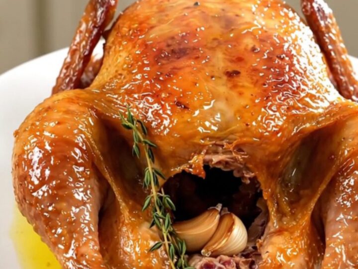 A golden-brown whole roast chicken seasoned with herbs sitting on a white plate.
