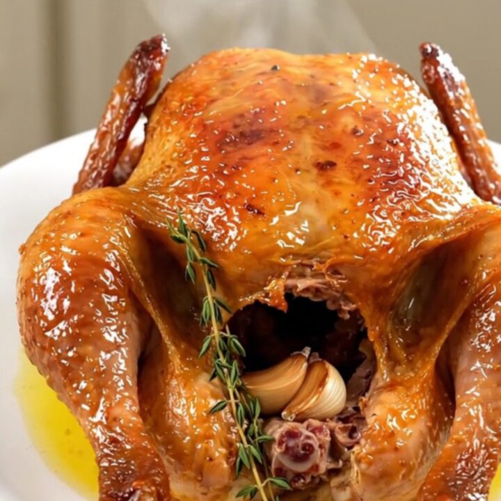 A golden-brown whole roast chicken seasoned with herbs sitting on a white plate.