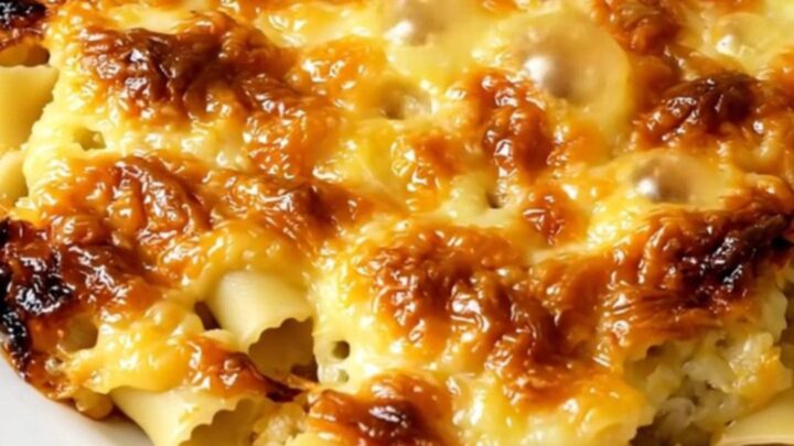 A top-down view of a black slow cooker filled with creamy crozet pasta, leeks, and melted Beaufort cheese.