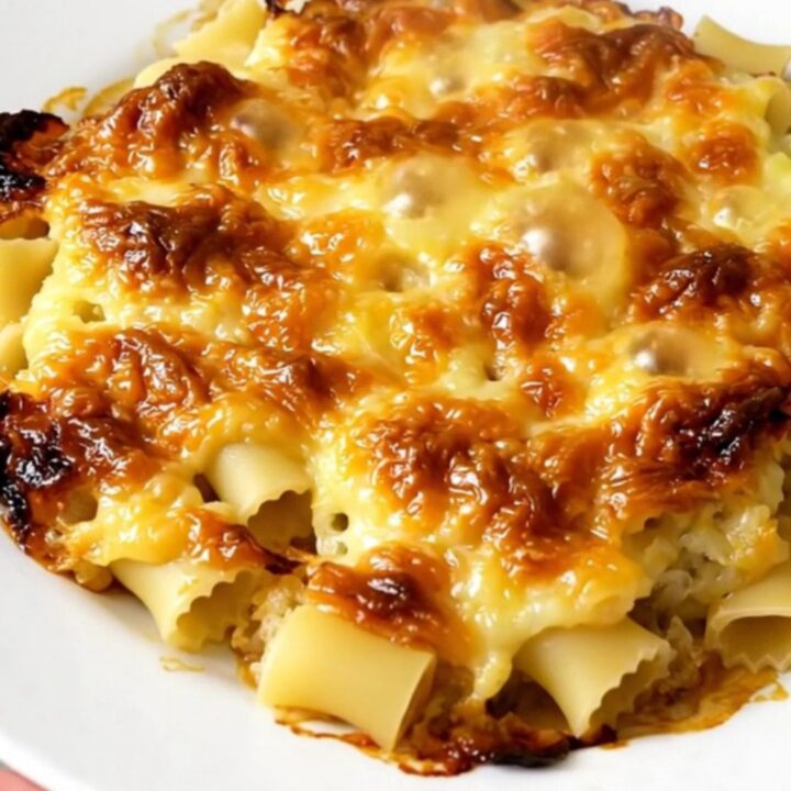 A top-down view of a black slow cooker filled with creamy crozet pasta, leeks, and melted Beaufort cheese.