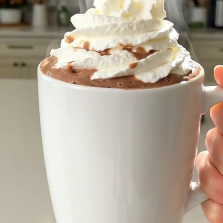 A steaming mug of rich, glossy hot chocolate topped with a swirl of whipped cream on a white countertop.