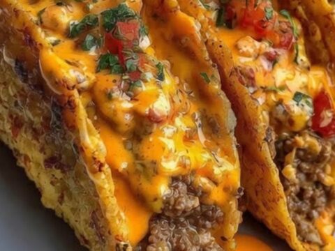 Three crispy beef tacos topped with molten cheese, fresh diced tomatoes, and cilantro on a plate.