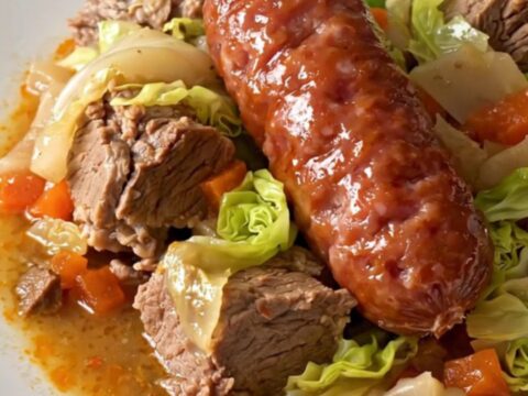 A steaming, glossy Potée Comtoise served on a white plate with visible chunks of pork and sausage.
