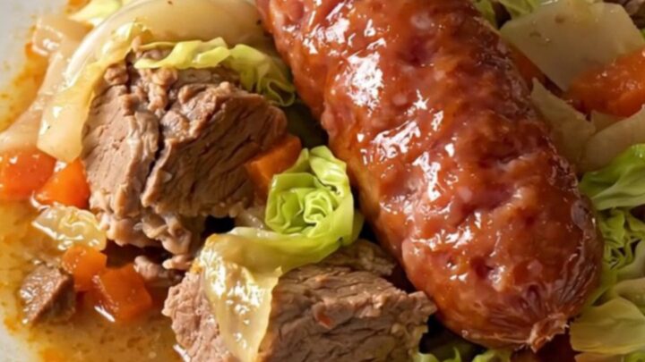 A steaming, glossy Potée Comtoise served on a white plate with visible chunks of pork and sausage.