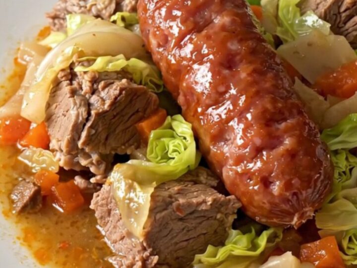 A steaming, glossy Potée Comtoise served on a white plate with visible chunks of pork and sausage.