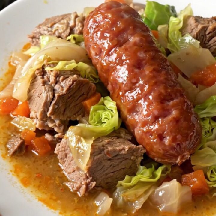 A steaming, glossy Potée Comtoise served on a white plate with visible chunks of pork and sausage.