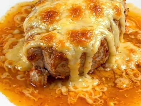 Vue de dessus d'une mijoteuse contenant des morceaux de filet mignon nappés de Maroilles fondu et d'échalotes.