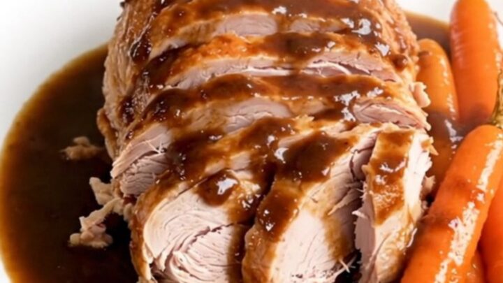 A sliced turkey roast with carrots and a glossy reduction, presented on a white plate.