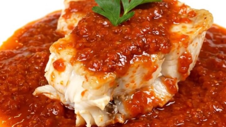 A bowl of monkfish armoricaine in a rich tomato sauce with carrots.