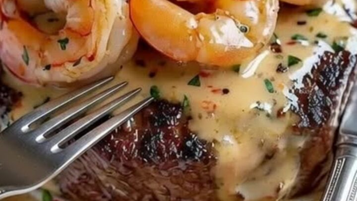 A beautifully seared filet mignon topped with large, succulent shrimp and drizzled with a rich herb butter sauce.
